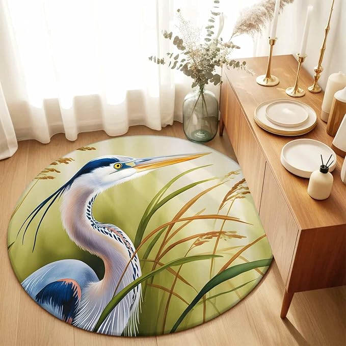 Washable Round Area Rug Natural Bird Wetland Landscape Circle Rugs Floor Carpet for Living Room Bedroom, Wild Heron Grass Soft Non Slip Round Rug 3ft