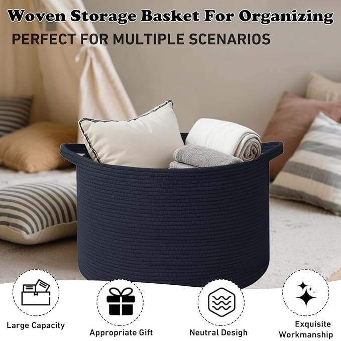 115L Large Blanket Basket,23.6" L x 23.6" W x 15.7" H Rope Woven Baskets with Handles, Toys Storage Bins,Laundry Basket Perfect for Living Room, Nursery,Bedroom,Home Organization,Navy