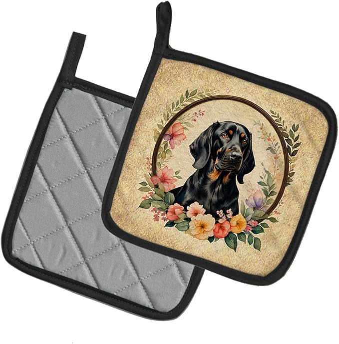 Caroline's Treasures Black and Tan Coonhound and Flowers Pair of Pot Holders Kitchen Heat Resistant Pot Holders Sets Oven Hot Pads for Cooking Baking BBQ, 7 1/2 x 7 1/2