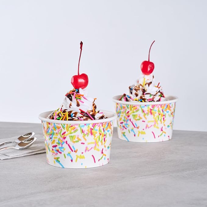 Coppetta 8 Ounce Dessert Cups, 50 Greaseproof Ice Cream Cups - Lids Sold Separately, For Hot And Cold Foods, White Paper Yogurt Bowls, Party Sprinkle Design, Disposable, Sturdy - Restaurantware
