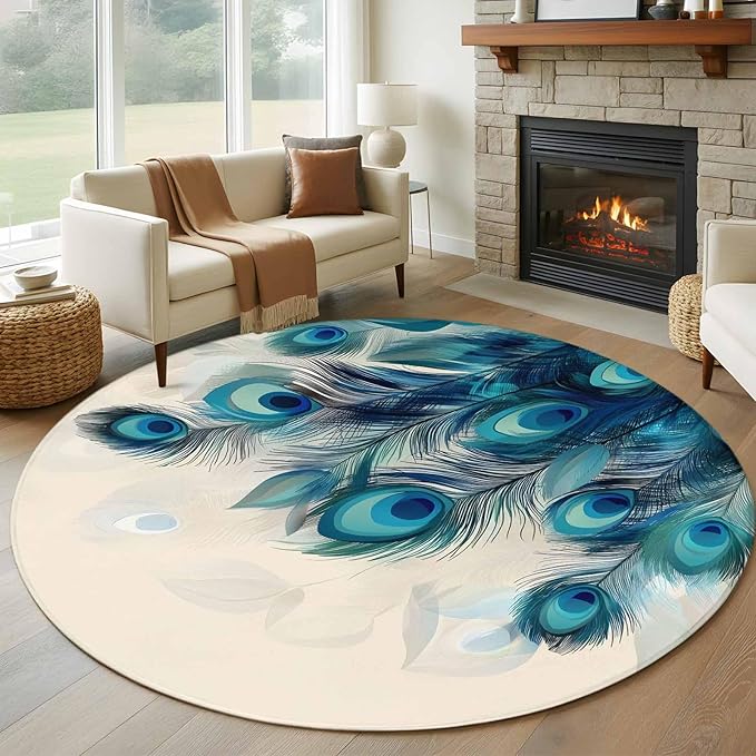 Washable Round Area Rug Abstract Animal Art Peacock Feather Circle Rugs Floor Carpet for Living Room Bedroom, Watercolor Blue Eyes Beige Soft Non Slip Round Rug 5ft