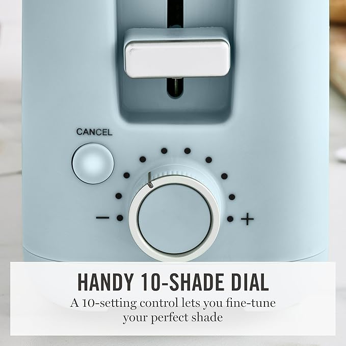 Martha Stewart 2 Slice Long Slot Toaster, Extra Wide for Sourdough & Bagels, 10 Setting Shade Control, Removable Crumb Tray, Self-Centering Design, Defrost/Reheat, Cancel, Slim Space-Saving, Sky Blue