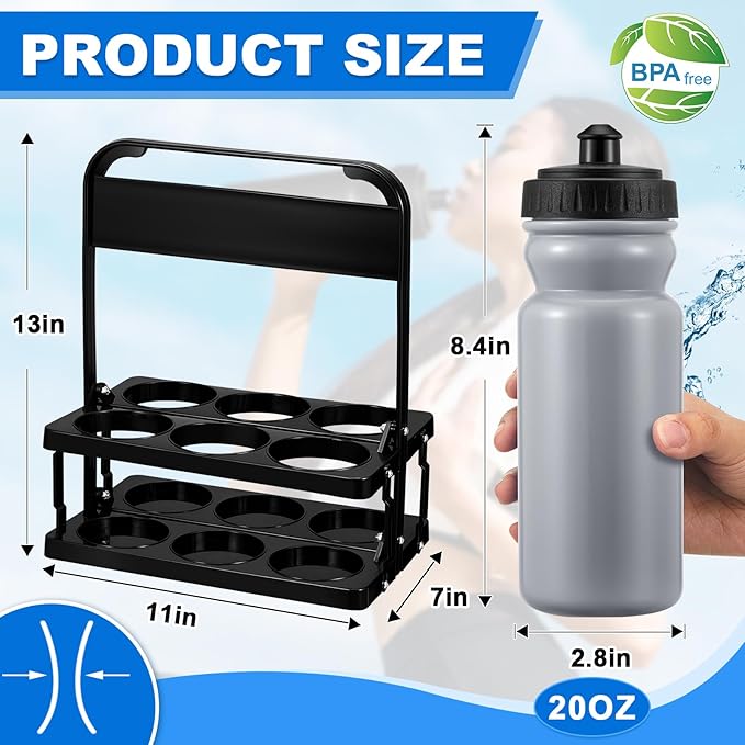 Suclain Water Bottle Carrier with 20 Oz Bottles and Stickers Plastic Wide Mouth Sports Water Bottle Squeeze Team Bottles with Black Lid for Fitness Bike Gym(7 Pcs,Grey)