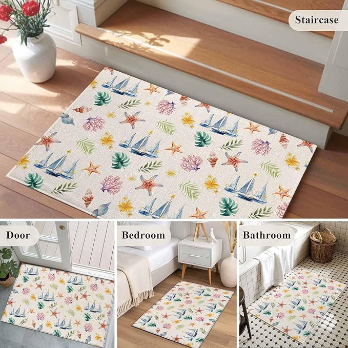 Area Rug 2x3ft, Summer Sea Starfish Sailboat Washable Rugs for Living Room Bedroom, Marine Life Coral on Linen Soft Non-Slip Area Rugs Rectangle Floor Carpet for Dining Room