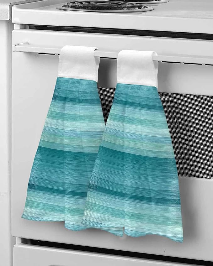 Alandar Home Kitchen Tie Towel Set of 2, Modern Cyan Green Gradient Stripes Absorbent Soft Hand Towels for Bathroom Hanging Towels, Abstract Lines Fast Drying Cleaning Cloth with Loop