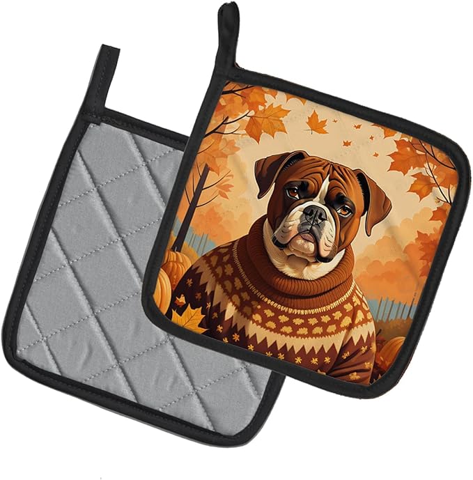 Caroline's Treasures DAC1026PTHD Boxer Fall Pair of Pot Holders Kitchen Heat Resistant Pot Holders Sets Oven Hot Pads for Cooking Baking BBQ, 7 1/2 x 7 1/2