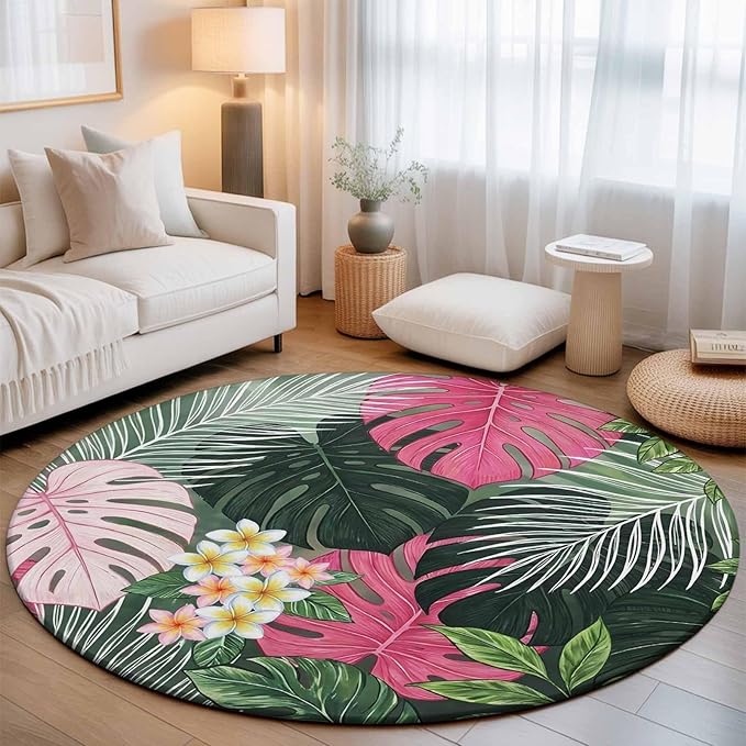Washable Round Area Rug Summer Watercolor Pink Green Leaf Circle Rugs Floor Carpet for Living Room Bedroom, Tropical Flower Leaves Plant Soft Non Slip Round Rug 5ft