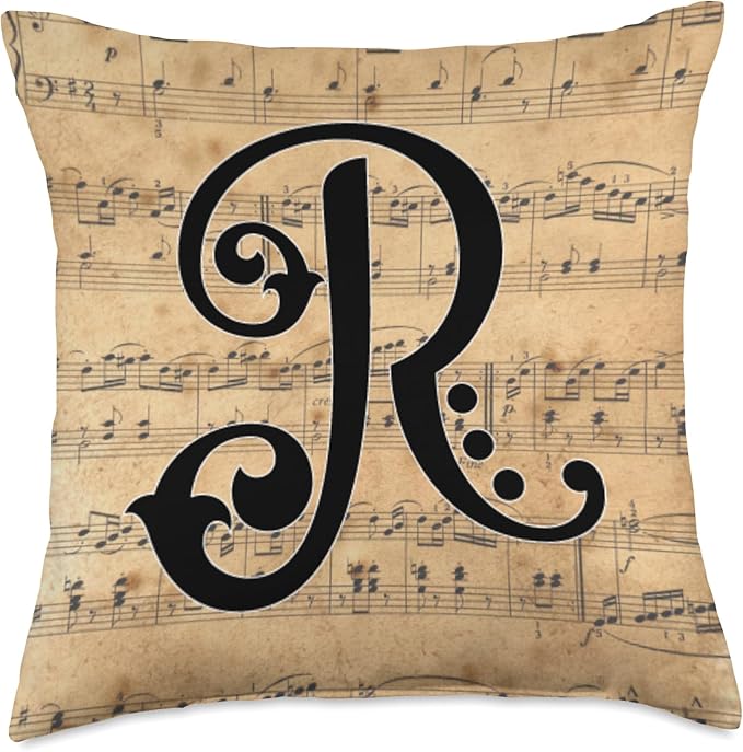 Monogram Initial of Capital Letter R on Vintage Sheet Music Throw Pillow