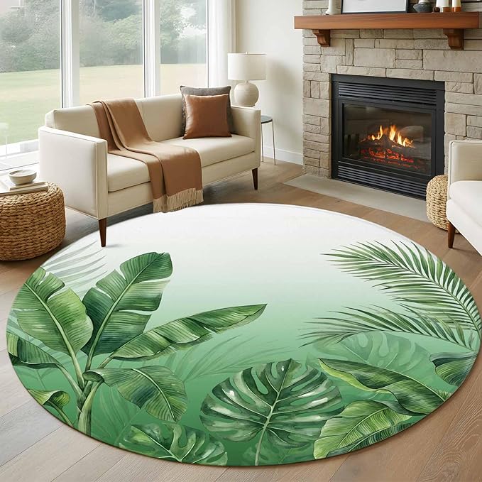 Washable Round Area Rug Botanical Rainforest Plants Circle Rugs Floor Carpet for Living Room Bedroom, Watercolor Tropical Banana Leaves Soft Non Slip Round Rug 5ft