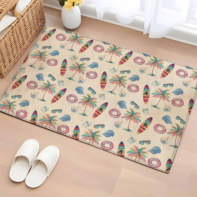Area Rug 2x3ft, Summer Surfboard Coconut Tree Washable Rugs for Living Room Bedroom, Coastal Vintage Plants Soft Non-Slip Area Rugs Rectangle Floor Carpet for Dining Room