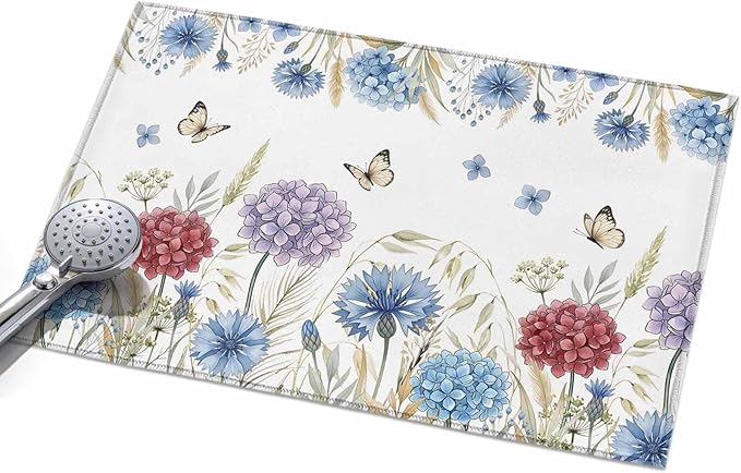 Area Rug 2x3ft, Watercolor Hydrangea Flower Washable Rugs for Living Room Bedroom, Garden Floral Butterfly Leaves Soft Non-Slip Area Rugs Rectangle Floor Carpet for Dining Room