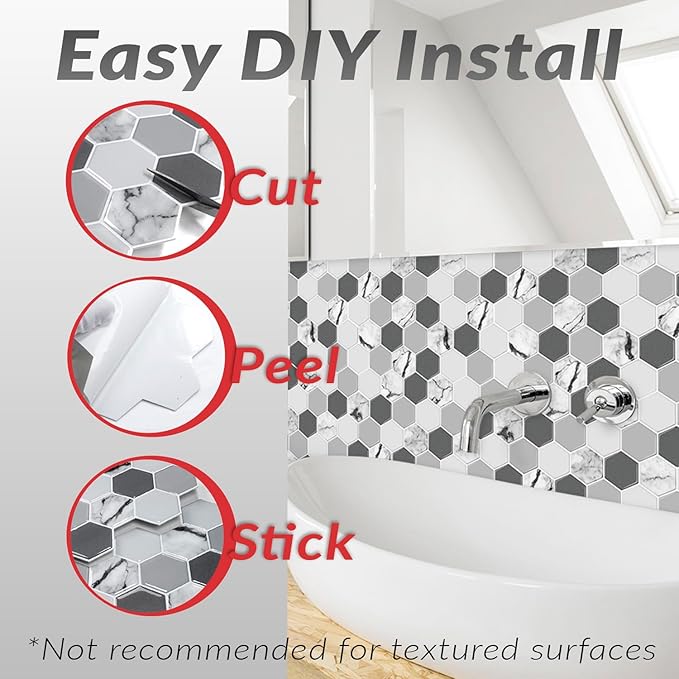 Décor Wow Peel & Stick Backsplash for Kitchen & Bathroom White & Grey Hexagon, 1 sq ft (8-Pack)