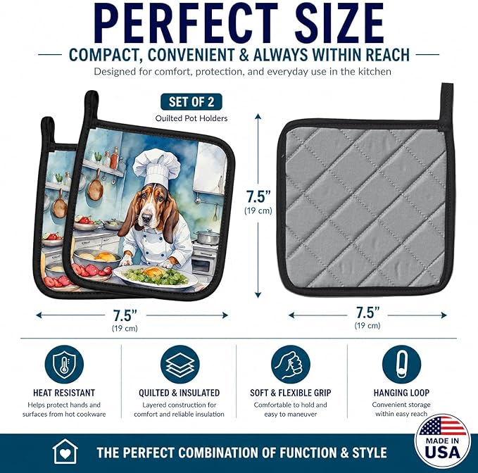 Caroline's Treasures Basset Hound The Chef Pair of Pot Holders Kitchen Heat Resistant Pot Holders Sets Oven Hot Pads for Cooking Baking BBQ, 7 1/2 x 7 1/2