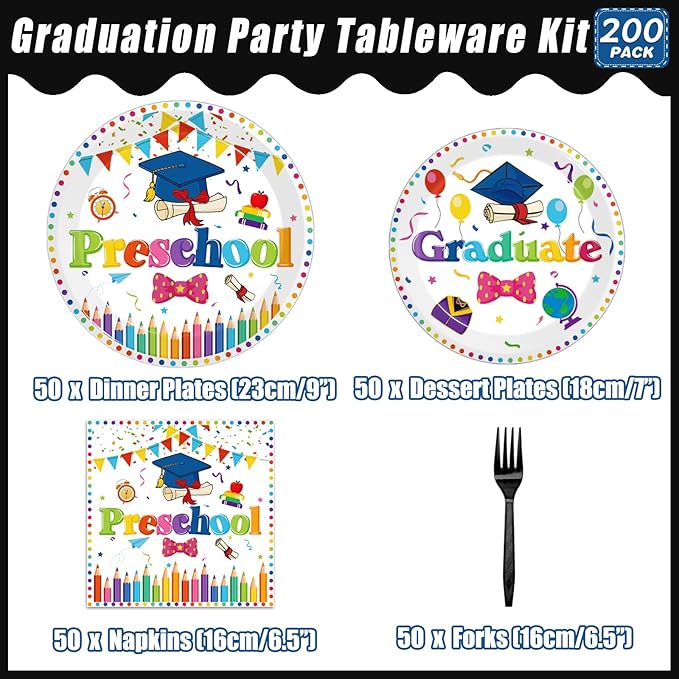 Kepeel 200Pcs Preschool Graduation Party Tableware Set, 2026 Pre-K Grad Party Supplies Decorations Preschool Kindergarten Graduate Party Dessert Plates Napkins Favor for Boys Girls, Serves 50 (White)