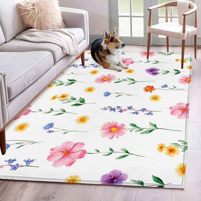Area Rug 4x6ft, Watercolor Farmhouse Flower Washable Rugs for Living Room Bedroom, Yellow Pink Purple Blue Floral Soft Non-Slip Area Rugs Rectangle Floor Carpet for Dining Room