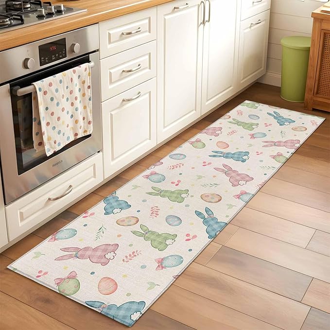 Runner Rug for Bedroom Hallway, Happy Easter Cute Plaid Bunny Kitchen Runner Rugs Area Rug 2x6ft, Colorful Egg Leaves Farm Linen Washable Soft Floor Carpet for Entryway Stair