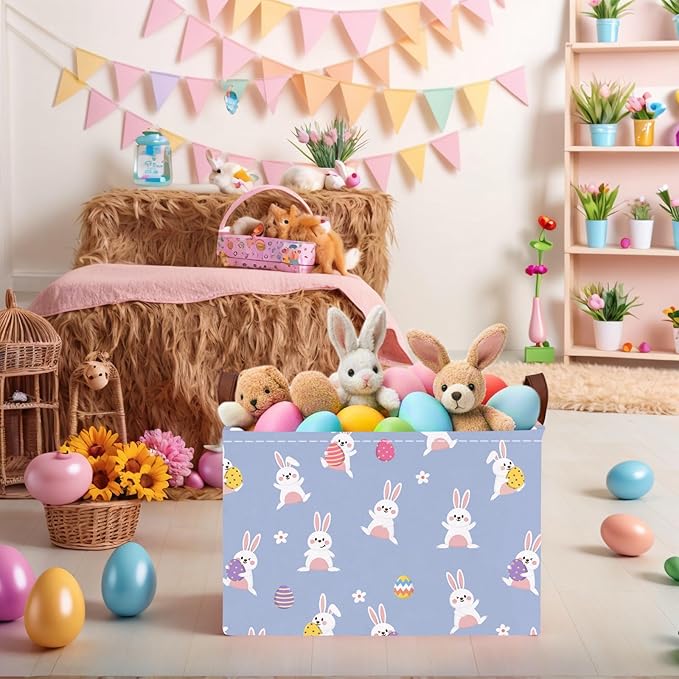 Kid Large Empty Easter Basket Gift Personalized Fabric Bunny Easter Basket for Boy and Girl Room Decor Storage Bin (Cute Rabbit Holding Easter Egg)