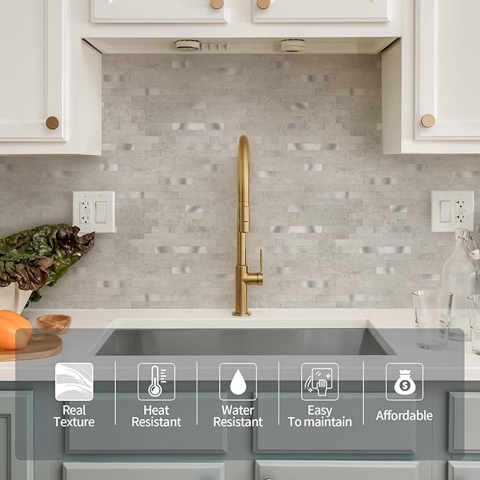 5 - Sheet Peel and Stick Backsplash Wall Tile, PVC Kitchen Backsplash, Stick on Tiles for Backsplash Kitchen (12'' X 12'', White Gray)