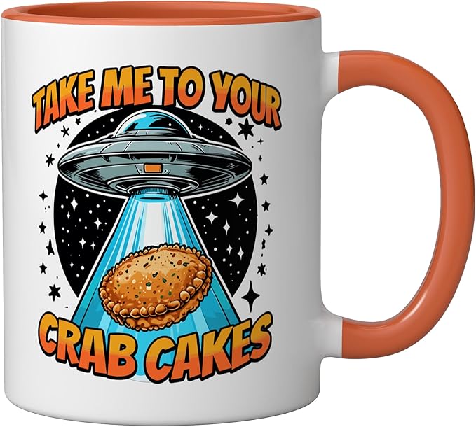 Take Me to Your Crab Cakes UFO Abduction Funny Crab Cake Ceramic Mug, Orange/White