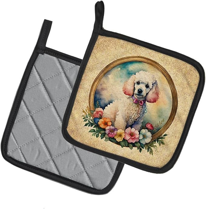 Caroline's Treasures White Poodle and Flowers Pair of Pot Holders Kitchen Heat Resistant Pot Holders Sets Oven Hot Pads for Cooking Baking BBQ, 7 1/2 x 7 1/2