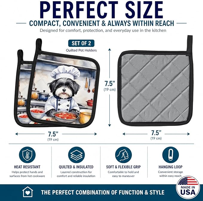 Caroline's Treasures Havanese The Chef Pair of Pot Holders Kitchen Heat Resistant Pot Holders Sets Oven Hot Pads for Cooking Baking BBQ, 7 1/2 x 7 1/2