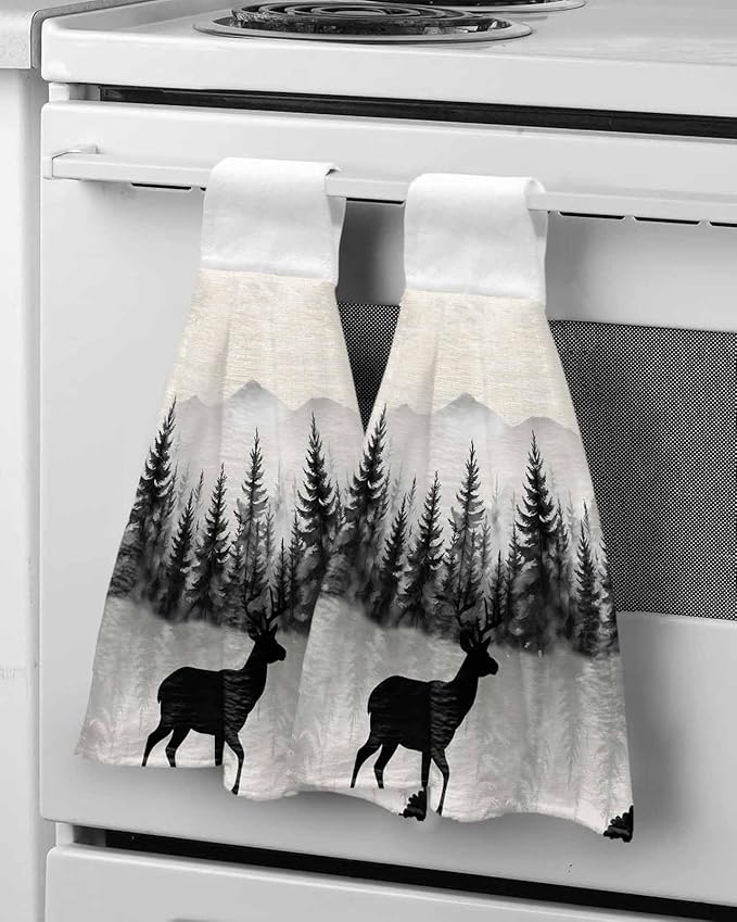 Alandar Home Kitchen Tie Towel Set of 1, Farmhouse Deer Sihouette Absorbent Soft Hand Towels for Bathroom Hanging Towels, Forest Tree Mountain on Linen Fast Drying Cleaning Cloth with Loop