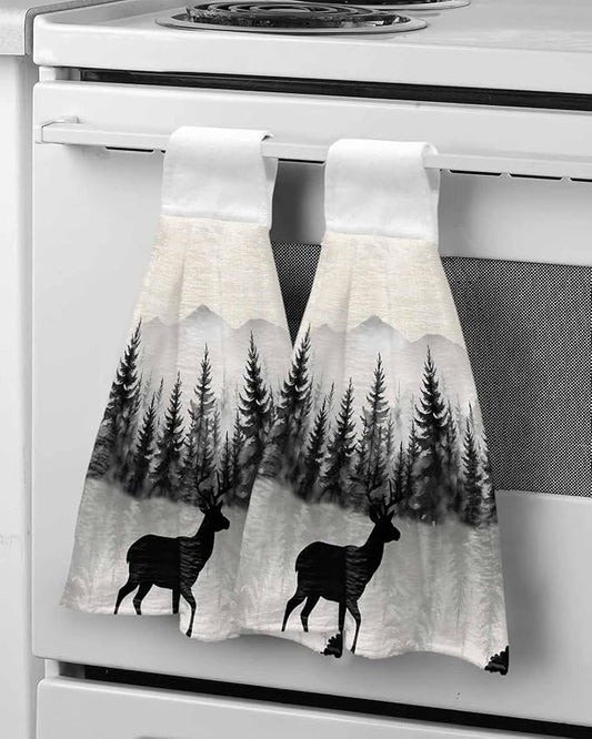 Alandar Home Kitchen Tie Towel Set of 2, Farmhouse Deer Sihouette Absorbent Soft Hand Towels for Bathroom Hanging Towels, Forest Tree Mountain on Linen Fast Drying Cleaning Cloth with Loop