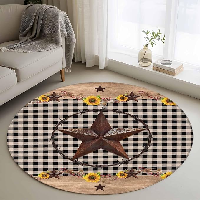 Washable Round Area Rug Western Star Farm Sunflower Circle Rugs Floor Carpet for Living Room Bedroom, Vintage Wood Grain Black Buffalo Plaid Soft Non Slip Round Rug 3ft