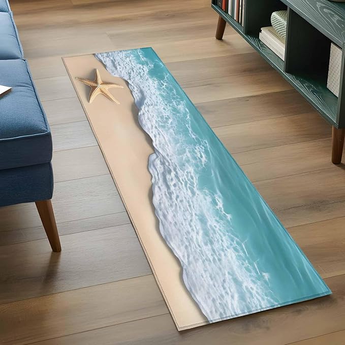 Runner Rug for Bedroom Hallway, Beach Starfish Teal Sea Water Kitchen Runner Rugs Area Rug 2x6ft, Summer Ocean Theme Washable Soft Floor Carpet for Entryway Stair