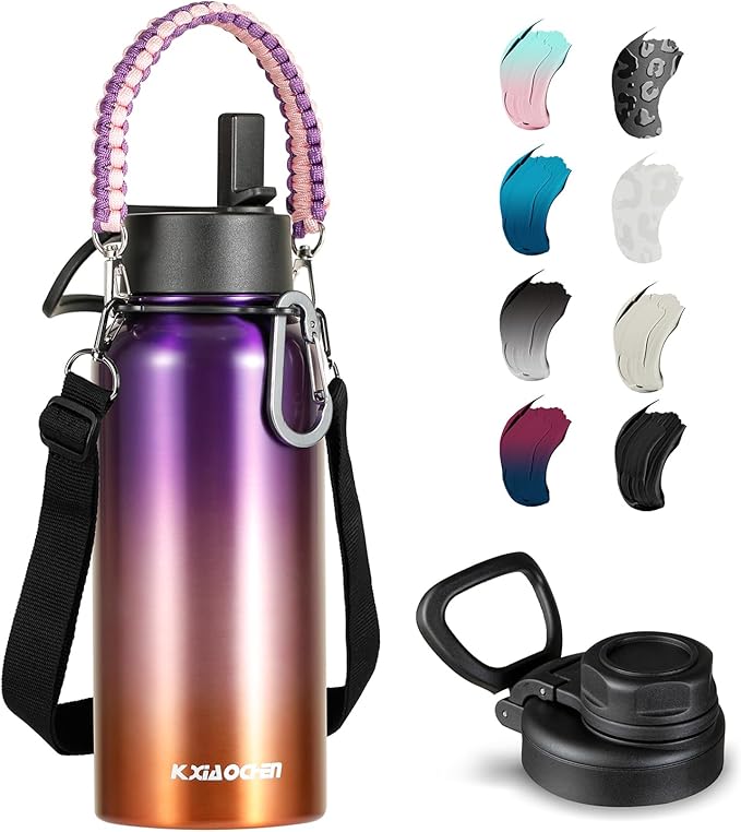 KXIAOCHEN Insulated Water Bottle, Stainless Steel Water Bottle, 2 Lids (Straw and Handle Lid),Wide Mouth Metal Water Bottles Keep Hot and Cold, Double Walled, Thermo Mug, Metal Canteen