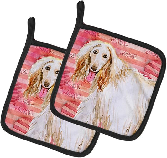Caroline's Treasures BB9789PTHD Afghan Hound Love Pair of Pot Holders, Red Kitchen Heat Resistant Pot Holders Sets Oven Hot Pads for Cooking Baking BBQ, 7 1/2 x 7 1/2
