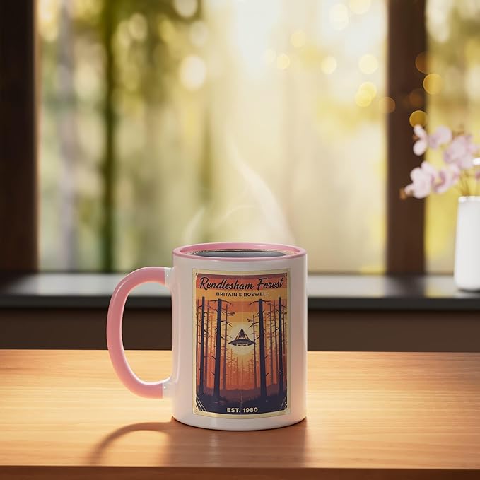 Rendlesham Forest UFO Alien Vintage UK Flying Saucer Ceramic Mug, Pink/White