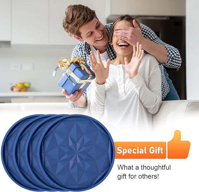 OIAHOMY 8 Pcs Coasters with Holder for Beer, Coffee, Silicone Coaster Set for Table Decor for Kitchen, Bar, Dining Room, Living Room, Housewarming Gifts - Blue