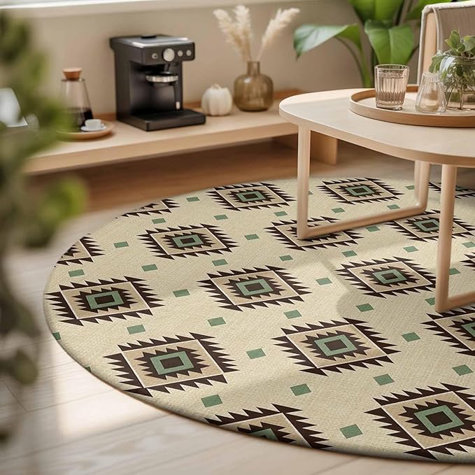 Washable Round Area Rug Boho Tribal Diamond Pattern Circle Rugs Floor Carpet for Living Room Bedroom, Ethnic Style Art Soft Non Slip Round Rug 3ft
