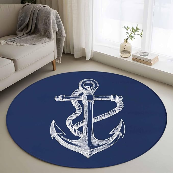 Washable Round Area Rug Marine Theme Anchor String Sketch Circle Rugs Floor Carpet for Living Room Bedroom, Watercolor Nautical Theme Soft Non Slip Round Rug 4ft