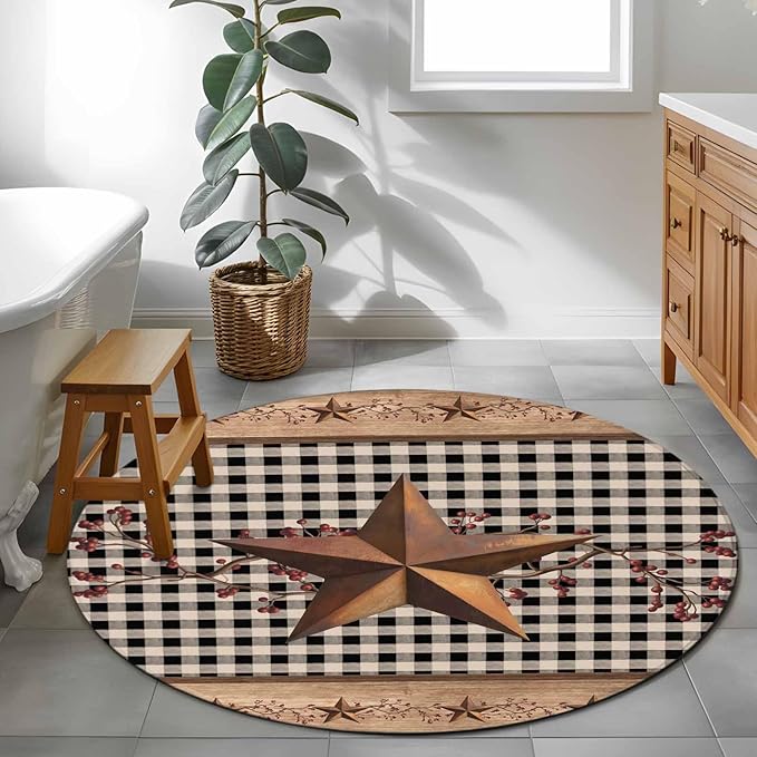 Brown Texas Star Retro 3.3ft Round Rug, Country Star Non-Skid Rubber Backing Large Area Rugs - Living Room Bedroom Home Office, Black White Plaid Wooden Indoor Floor Mat Carpets Washable Rug
