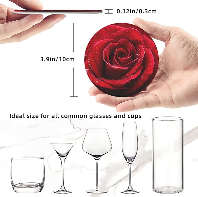 Famame 6 Pcs Bright Red Rose Leather Coasters for Drinks with Holder Coaster Sets Drink Table Cup Coasters for Living Room Kitchen Coffee Decor