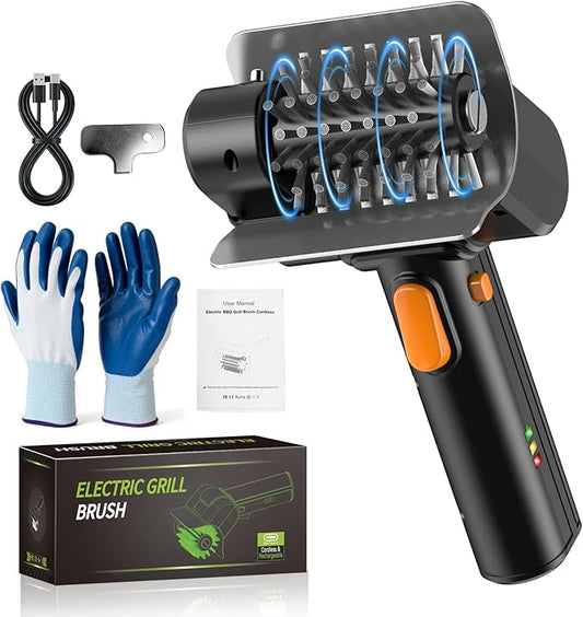 Electric Grill Brush with Dual Safety Lock - 2026 TikTok Ideal Gift for Men Dad Husband, Professional BBQ Cleaner with Submersible 304 SS Head, Splash-Proof Scrubber for Grill (Orange Button)