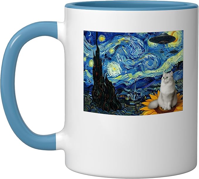 Cosmic Cat on Sunflower Space UFO Night for Men Women Ceramic Mug, Blue/White