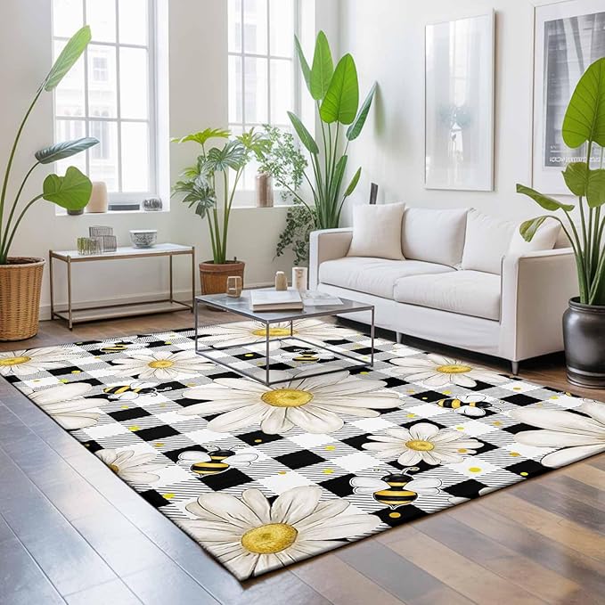 Area Rug 8x10ft, Farmhouse Blossom Flower Bee Washable Rugs for Living Room Bedroom, Spring Daisy Black White Plaid Soft Non-Slip Area Rugs Rectangle Floor Carpet for Dining Room