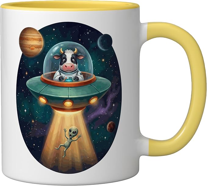 Fuuny Cow Astronaut UFO Abducting Alien Space Farm Ceramic Mug, Yellow/White