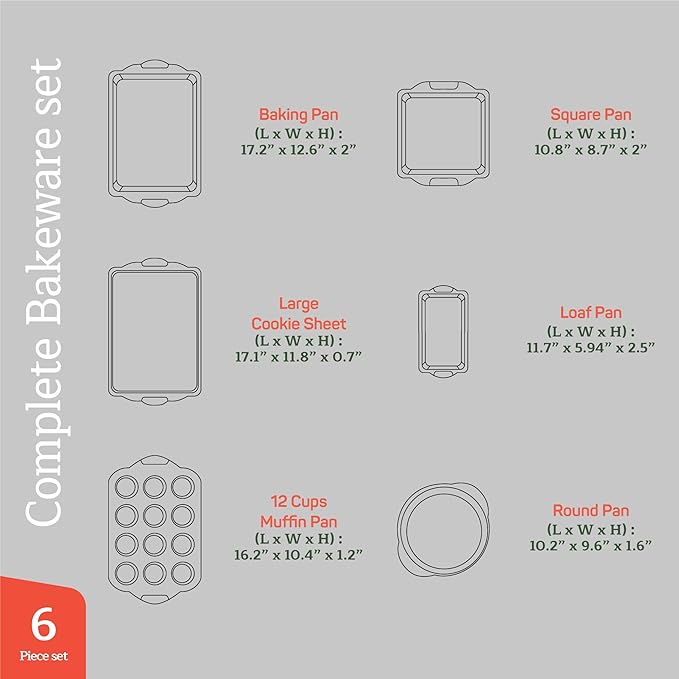 Emporio Kitchen Baking Pan Set - Nonstick Coating, Carbon Steel Bakeware Set with White Silicone Handle, PFOA, PFOS, PTFE Free, Recipe Booklet Included, Oven Safe Tray (Up To 450° F), Set of 6 - White