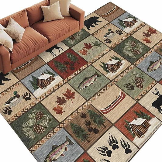 Area Rug 6x9ft, Vintage Bear Forest Deer Fish Village Washable Rugs for Living Room Bedroom, Retro Wildlife Themes Soft Non-Slip Area Rugs Rectangle Floor Carpet for Dining Room