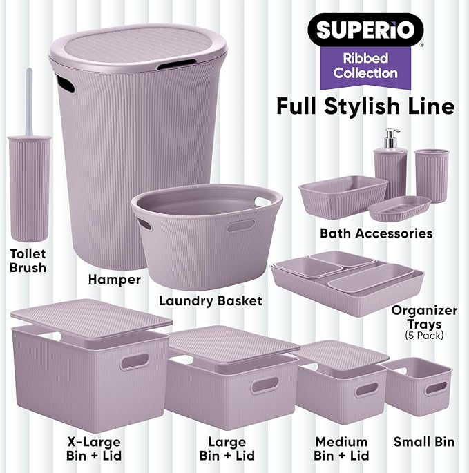 Superio Ribbed Collection - Decorative Plastic Basket Open Home Storage Bins Organizer, Small Lilac Purple (6 Pack) Container Boxes for Organizing Closet Storage Bins for Shelves 1.5 Liter