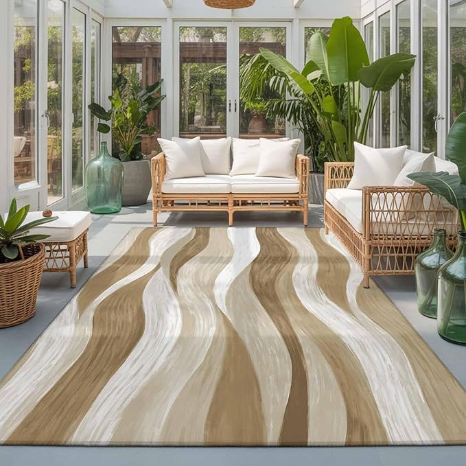 Area Rug 3x5ft, Modern Brown Ombre Ocean Wave Washable Rugs for Living Room Bedroom, Abstract Gradient Stripe Soft Non-Slip Area Rugs Rectangle Floor Carpet for Dining Room