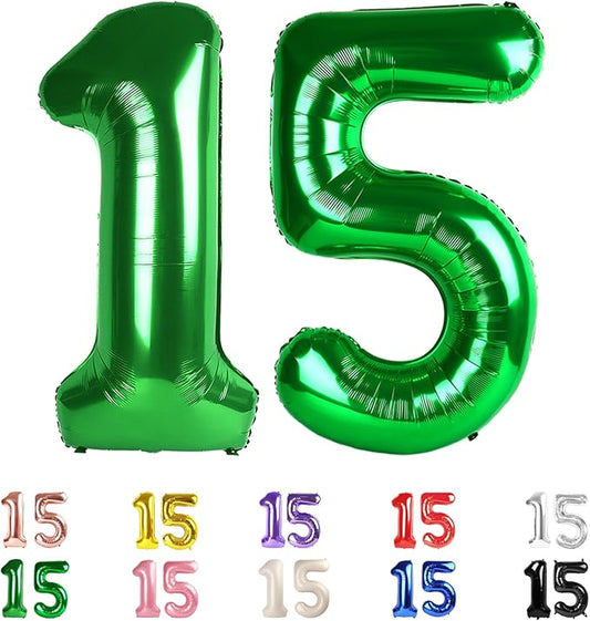 15 Balloons Number, 15th Birthday Decorations for Girls Boys, 51st Dark Green Birthday Party Decorations 40 In Balloons for Wedding, Celebration Party, Graduations