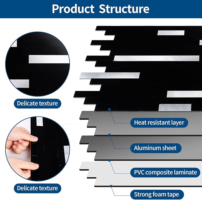 Yipscazo 10 Sheets Peel and Stick Stone Metal Tile Backsplash, Stick on Tiles for Backsplash Kitchen, Bathroom, Laundry Room, Camper, Fireplace (12'' X 12'', Polished Pure Black)