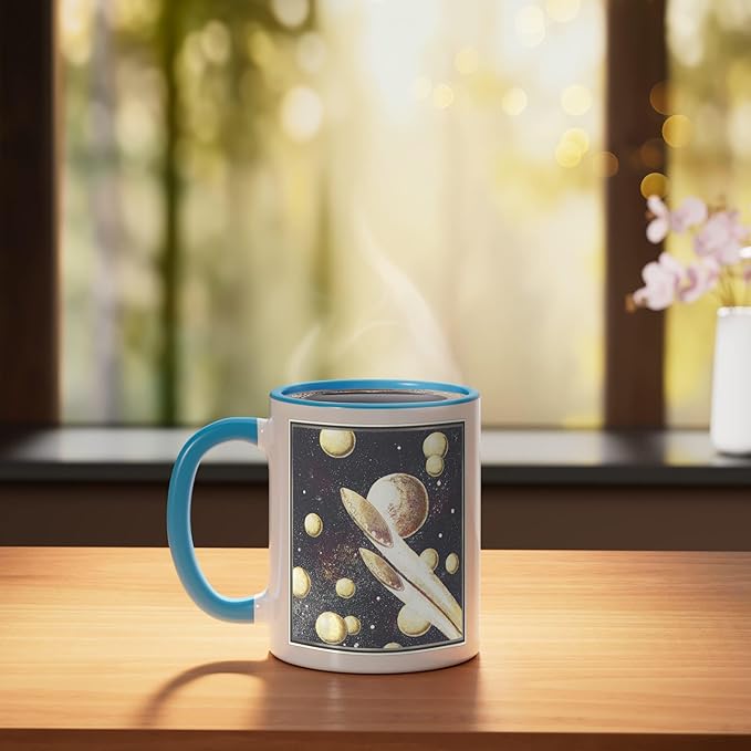 Retro Sci-Fi UFOs Flying Saucers Through Space Ceramic Mug, Blue/White