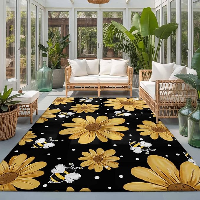 Area Rug 3x5ft, Summer Daisy Flower Bee on Black Washable Rugs for Living Room Bedroom, Spring Watercolor Floral Soft Non-Slip Area Rugs Rectangle Floor Carpet for Dining Room