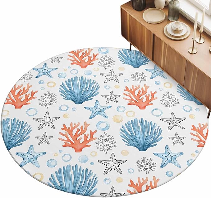 Washable Round Area Rug Coastal Starfish Shell Coral Circle Rugs Floor Carpet for Living Room Bedroom, Ocean Bubble Blue Black Orange Soft Non Slip Round Rug 5ft
